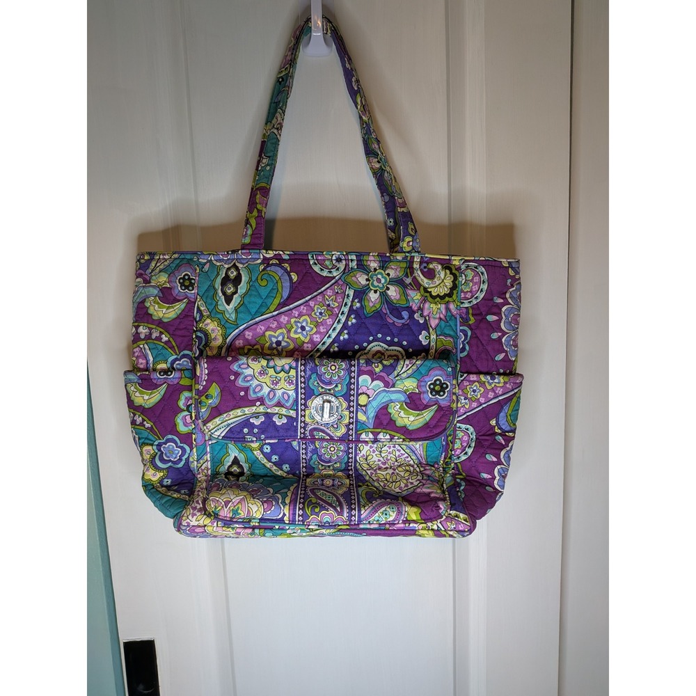 Vera Bradley Plum Crazy Paisley Quilted Cotton Tote Bag Turn Lock Shoulder Bag